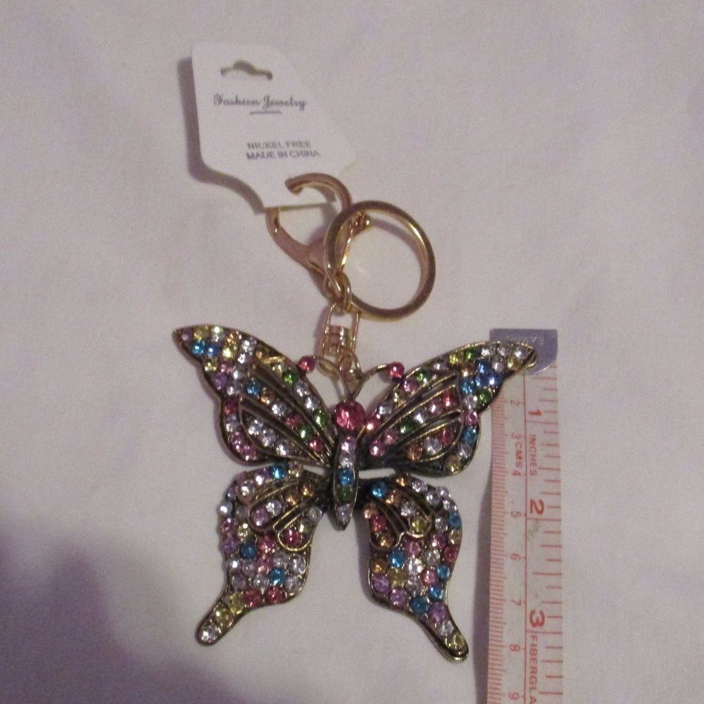 NWT Butterfly Keychain Rhinestones Goldtone